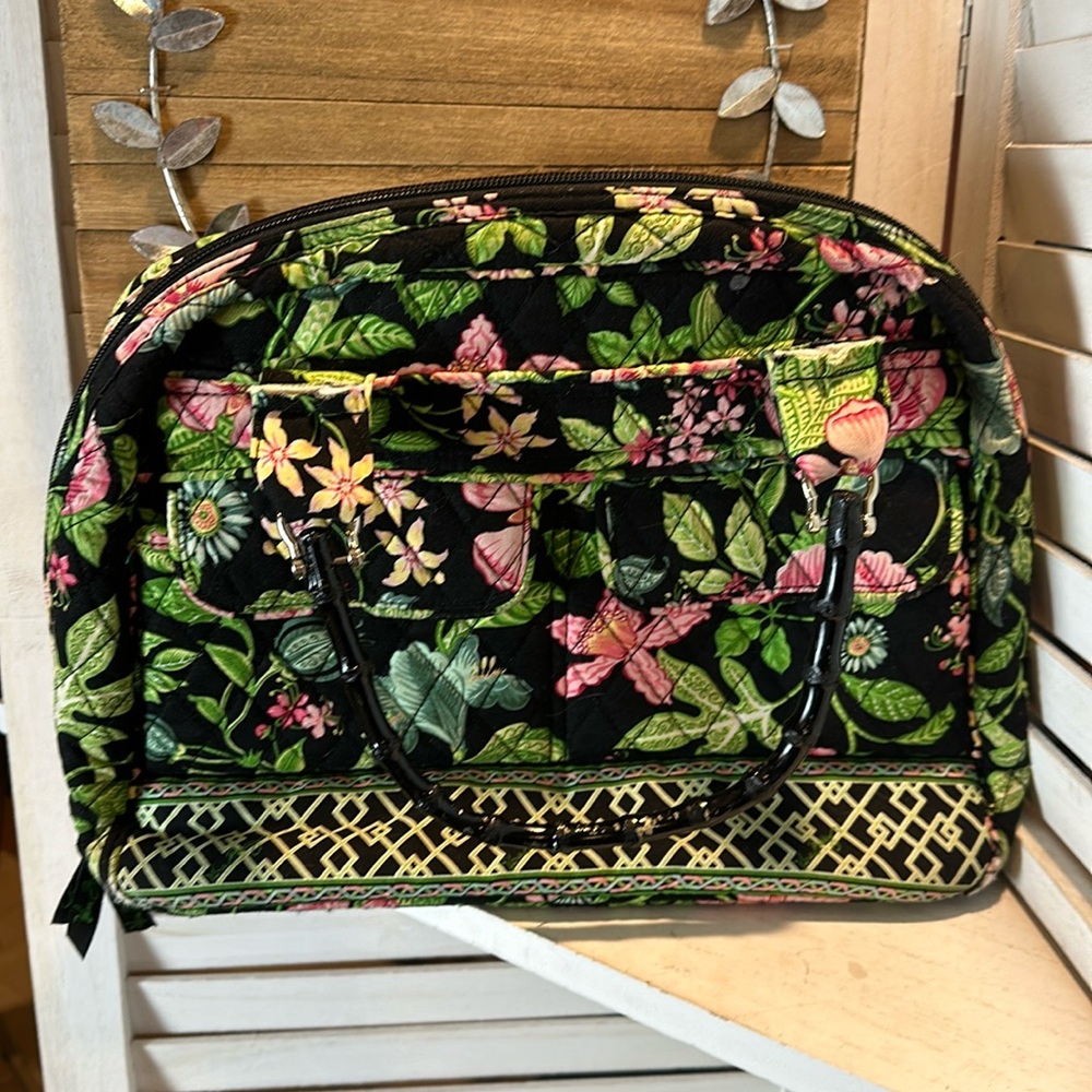 Vera Bradley Black Floral Hand Bag with Bamboo Handals